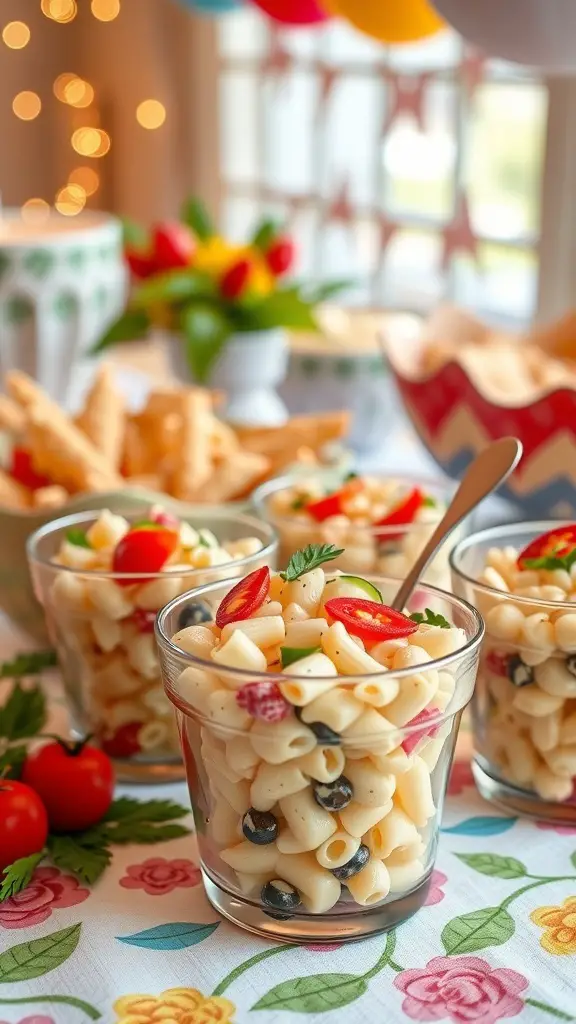 Colorful pasta salad cups with cherry tomatoes and herbs on a festive table.