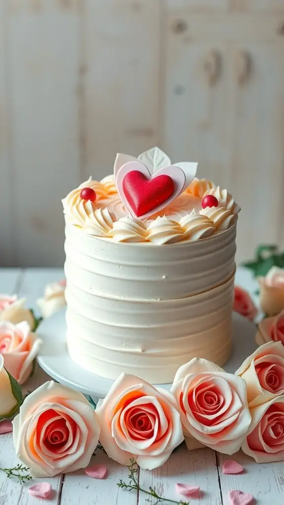 A beautifully decorated Vanilla Bean Buttercream Cake with a heart on top, surrounded by roses.