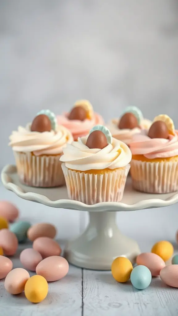 Colorful mini egg cupcakes on a cake stand with pastel chocolate eggs scattered around.