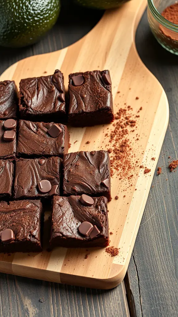 Delicious chocolate avocado brownies on a wooden board