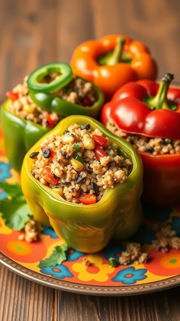 Colorful stuffed bell peppers filled with quinoa and vegetables on a vibrant plate.