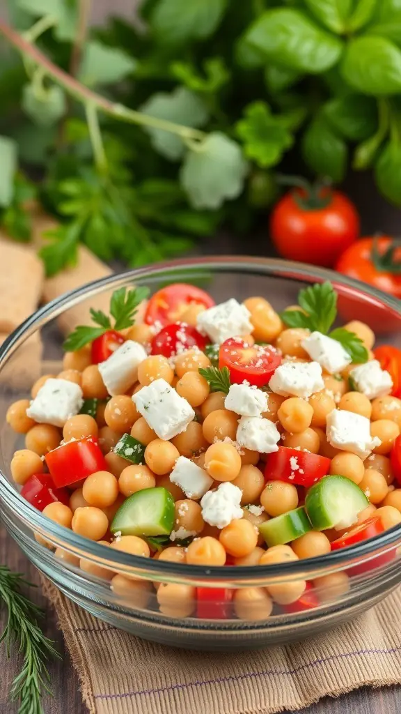 A bowl of Mediterranean Chickpea Salad with chickpeas, cherry tomatoes, cucumbers, bell peppers, and feta cheese.