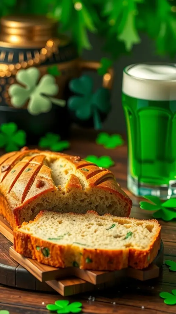 A loaf of green beer bread sliced on a wooden board, with a glass of green beer and shamrock decorations in the background.