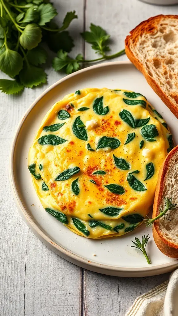 A delicious spinach and feta omelette served with bread.