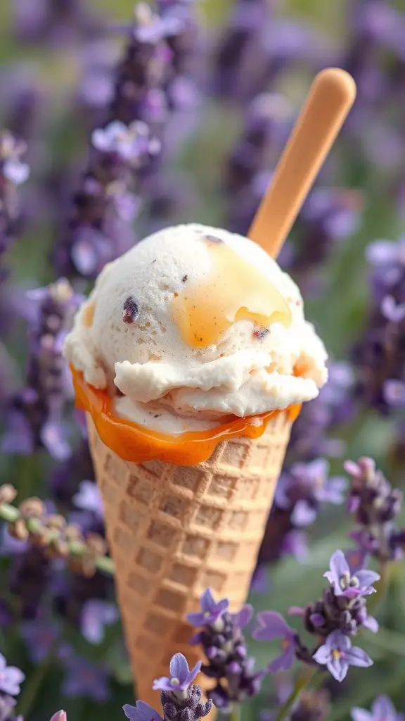 A scoop of lavender honey ice cream in a waffle cone, drizzled with honey, surrounded by lavender flowers.
