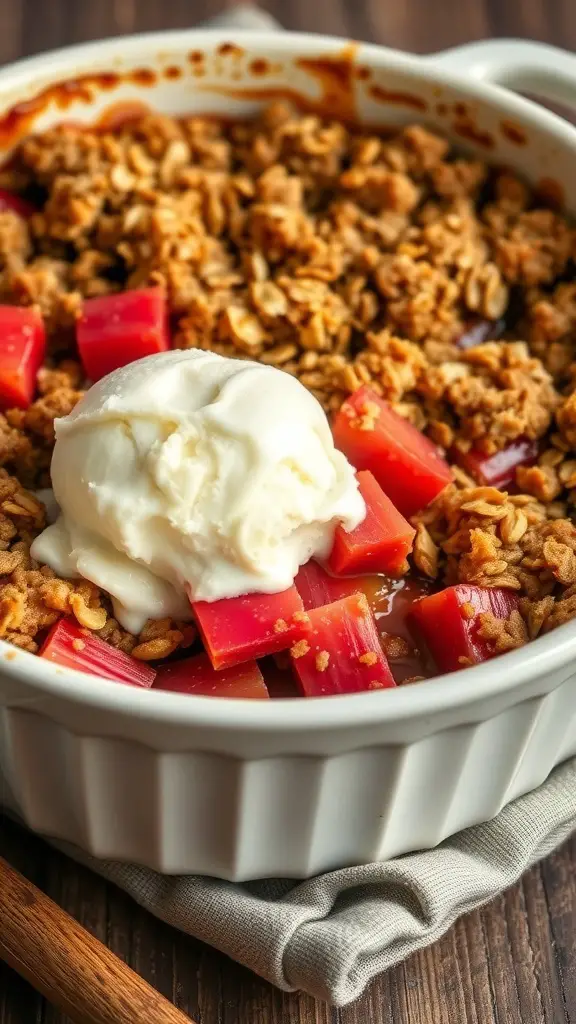A warm rhubarb crisp with oat topping, served with a scoop of vanilla ice cream.