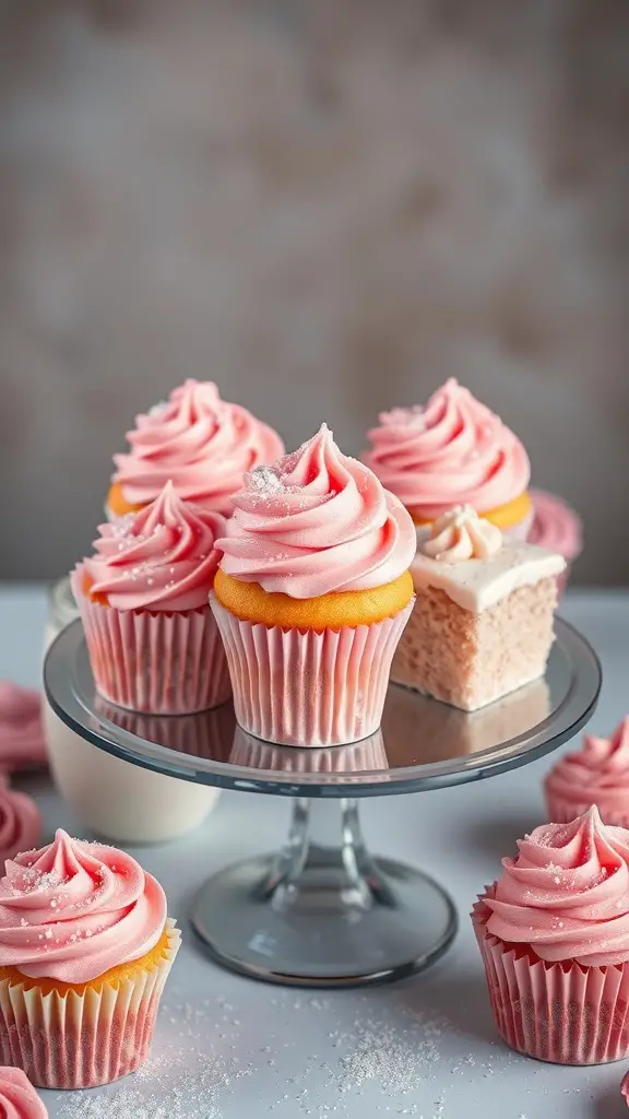 A display of pink champagne cupcakes with fluffy pink frosting on a glass stand.