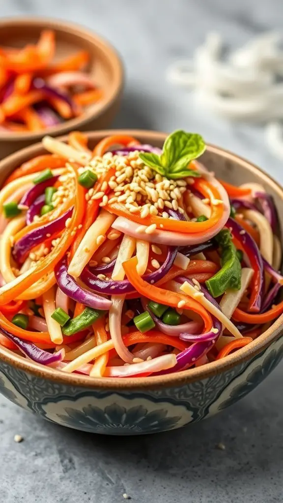 A bowl of colorful crispy Asian slaw with sesame dressing, featuring vibrant vegetables.
