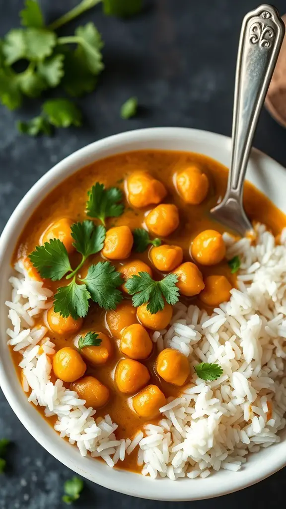 A bowl of coconut curry with chickpeas served over rice, garnished with fresh cilantro.