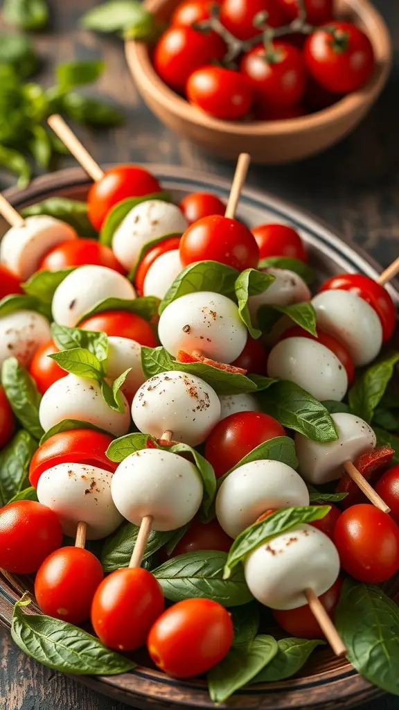 A platter of Caprese salad skewers with cherry tomatoes, mozzarella balls, and basil leaves.