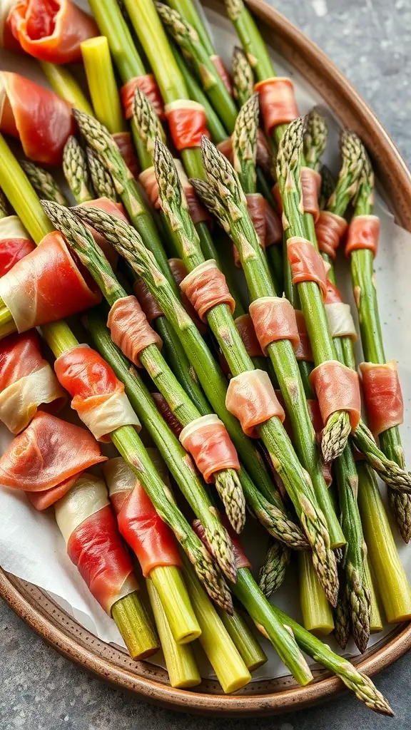 A plate of prosciutto-wrapped asparagus bundles, showcasing fresh asparagus spears wrapped in thin slices of prosciutto.