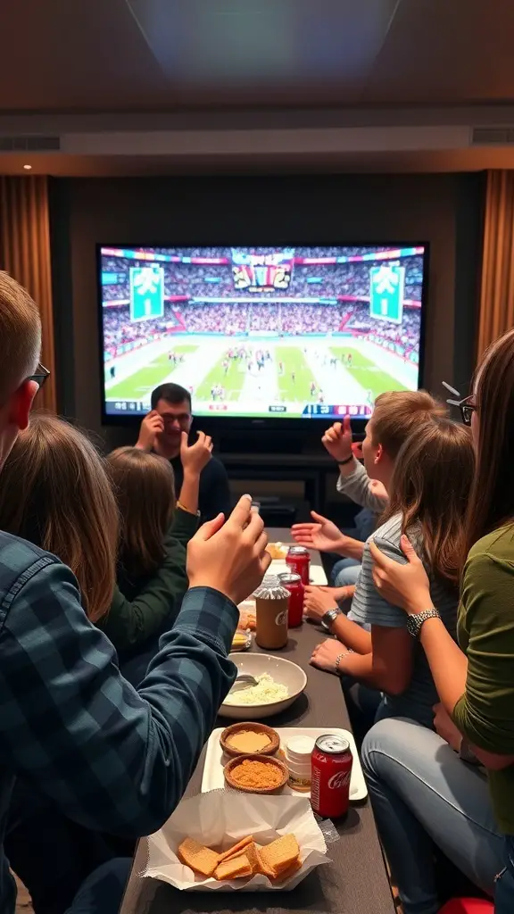 Group of friends enjoying a sports game viewing party with snacks and drinks