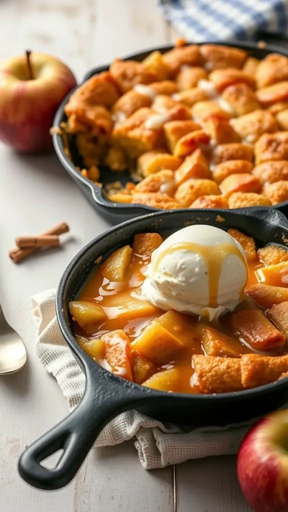 A warm caramel apple dump cake topped with vanilla ice cream and caramel sauce, served in a cast iron skillet.