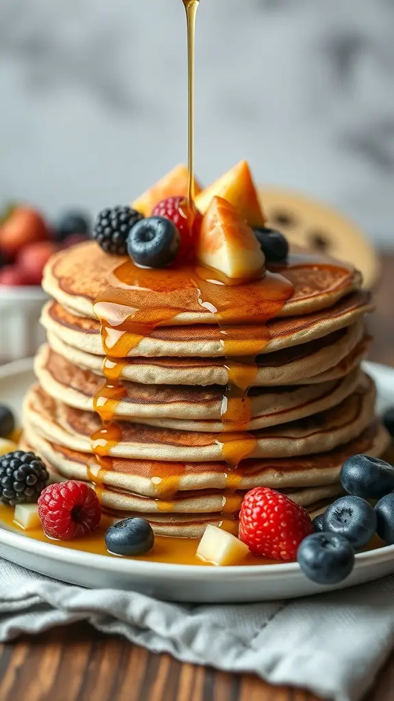 Stack of whole grain pancakes topped with maple syrup and fresh berries