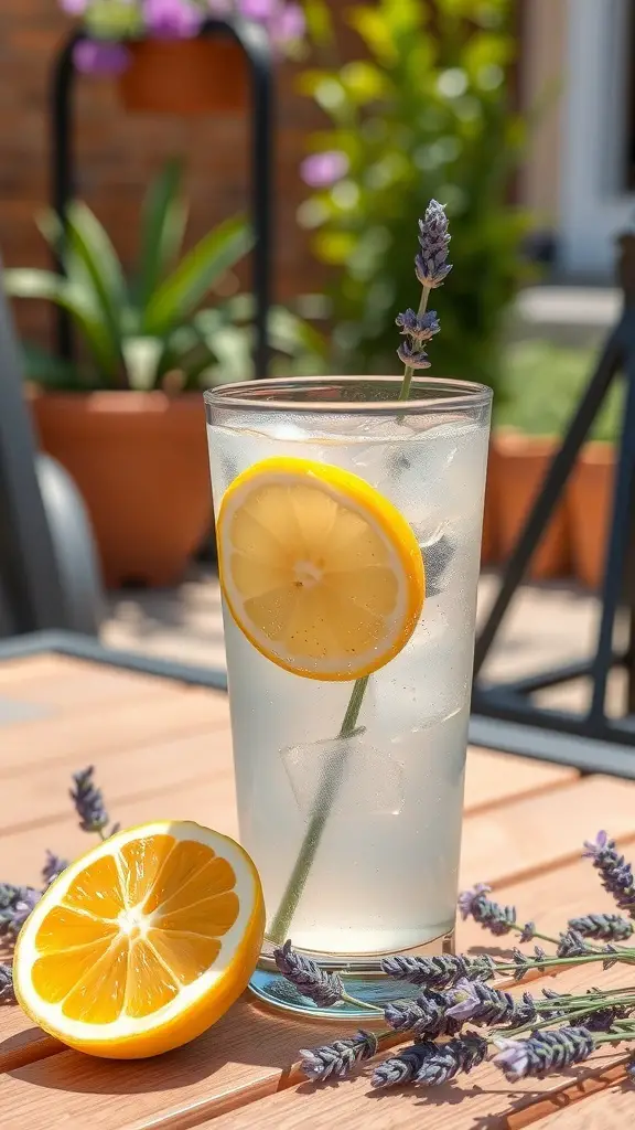 A refreshing glass of lavender lemonade with a slice of lemon and lavender sprigs on a wooden table.