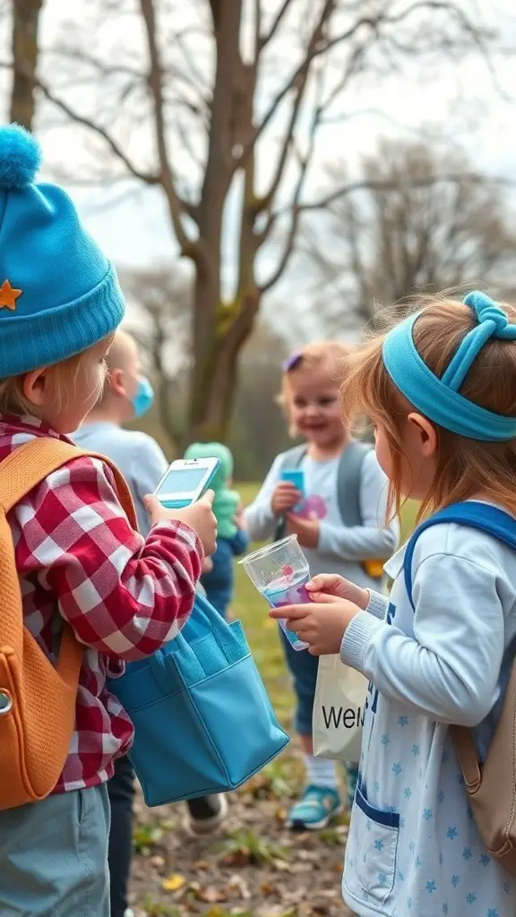Children participating in a scavenger hunt outdoors, looking for items.