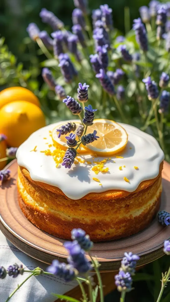 A Lemon Lavender Cake decorated with lemon slices and lavender flowers, surrounded by fresh lemons and lavender plants.