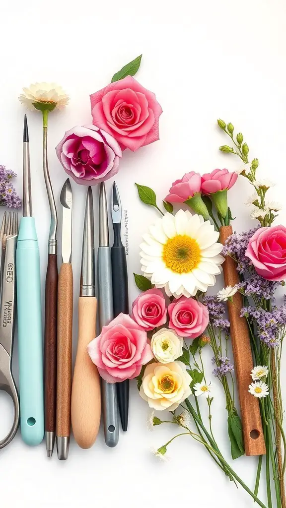 An assortment of cake decorating tools and colorful flowers arranged neatly.