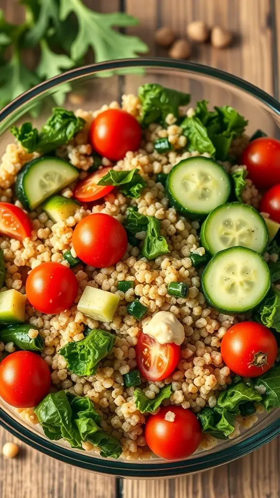 A colorful quinoa and kale salad with cherry tomatoes, cucumbers, and leafy greens in a glass bowl.