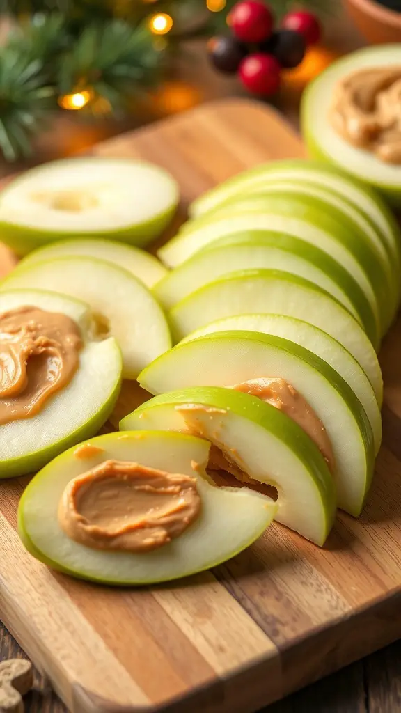 Sliced green apples with peanut butter on a wooden cutting board