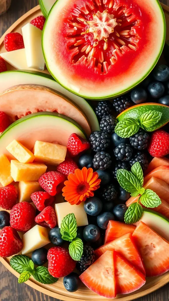 A colorful Easter charcuterie board featuring various berries and melons.