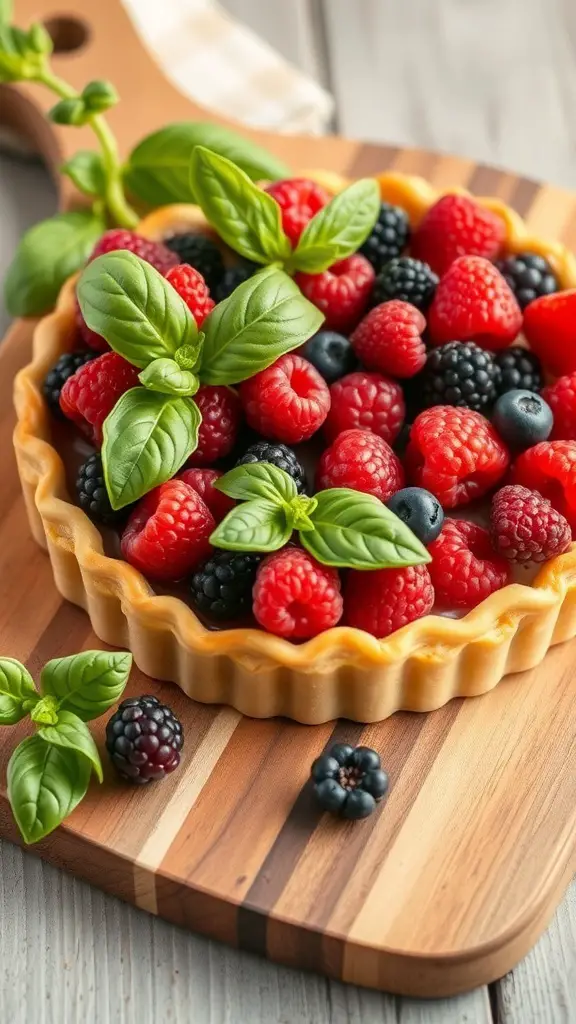 A beautifully arranged berry and basil tart on a wooden cutting board, featuring vibrant raspberries, blueberries, and blackberries topped with fresh basil leaves.