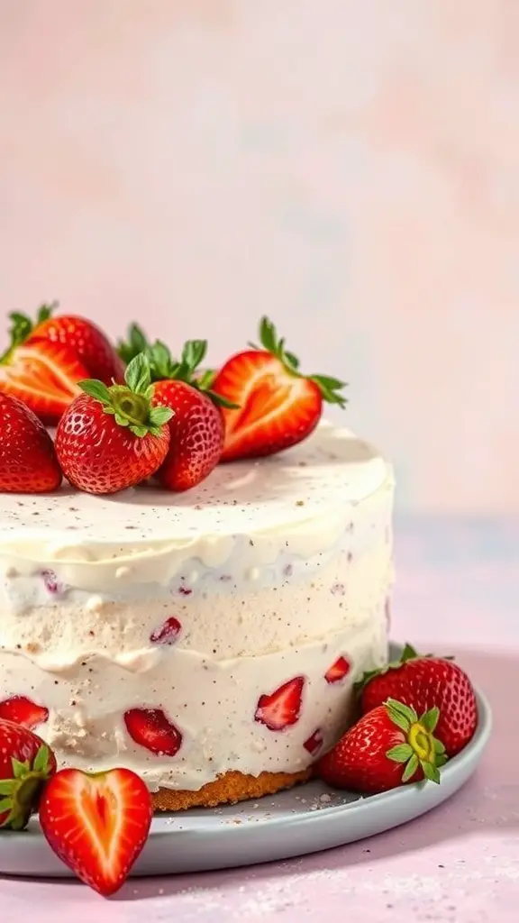 A Vanilla Bean Strawberry Poke Cake topped with fresh strawberries on a pastel background.