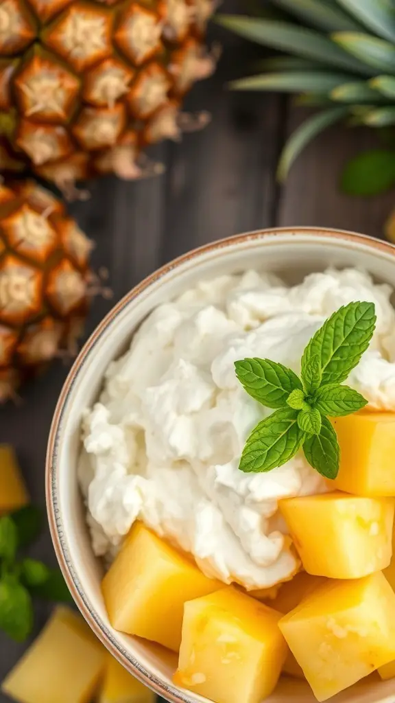 A bowl of cottage cheese topped with pineapple chunks and a mint leaf, with pineapples in the background.