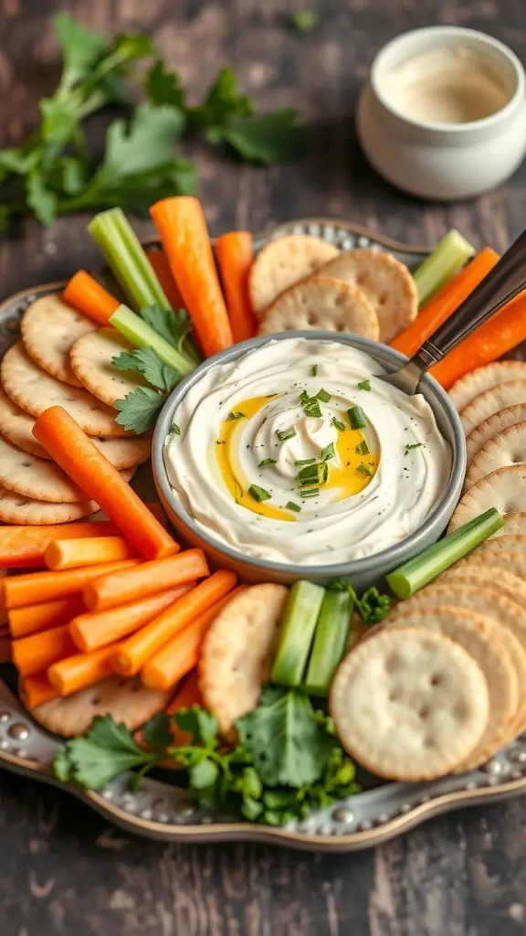 A platter with Irish Cream Cheese Dip surrounded by carrot sticks, celery, and crackers.