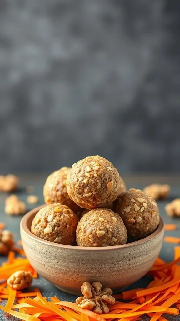 A bowl of carrot cake energy bites with carrot shavings and walnuts scattered around.