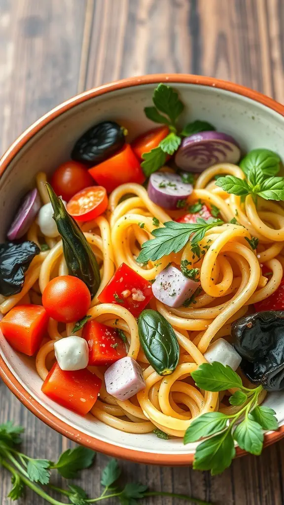 A bowl of pasta salad with spring vegetables, featuring colorful cherry tomatoes, bell peppers, and herbs.