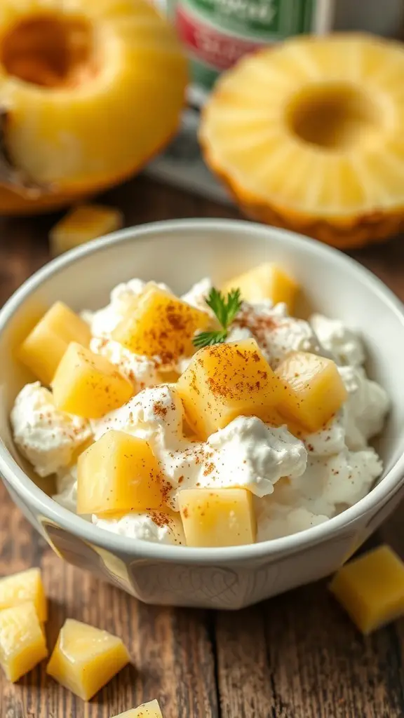 A bowl of cottage cheese topped with pineapple chunks and a sprinkle of cinnamon, with fresh pineapple in the background.