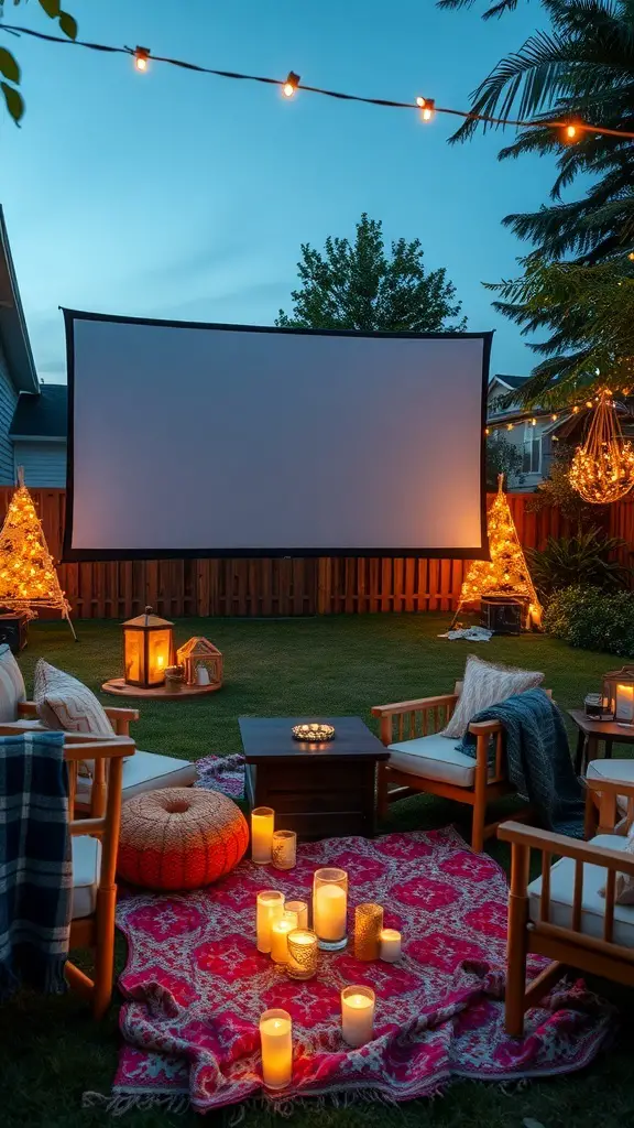 Cozy outdoor movie setup with a large screen, seating, and decorative lights.