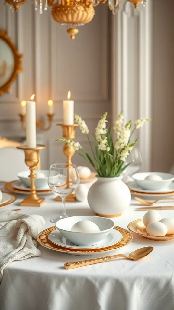 Chic Easter table setting with gold accents, featuring elegant plates, cutlery, and a floral centerpiece.