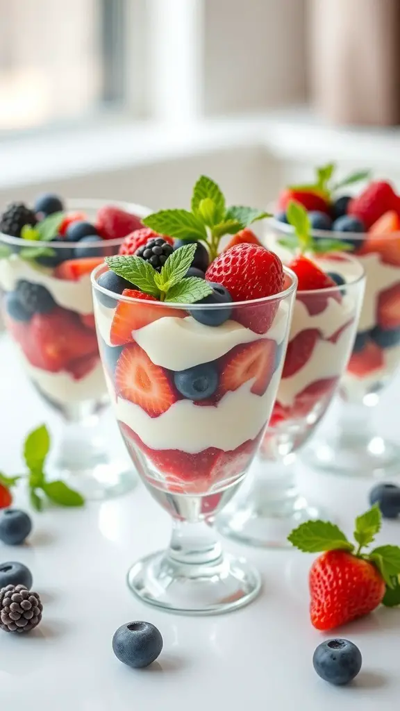 Berry and yogurt parfaits in clear glasses, layered with strawberries, blueberries, and blackberries, garnished with mint leaves.