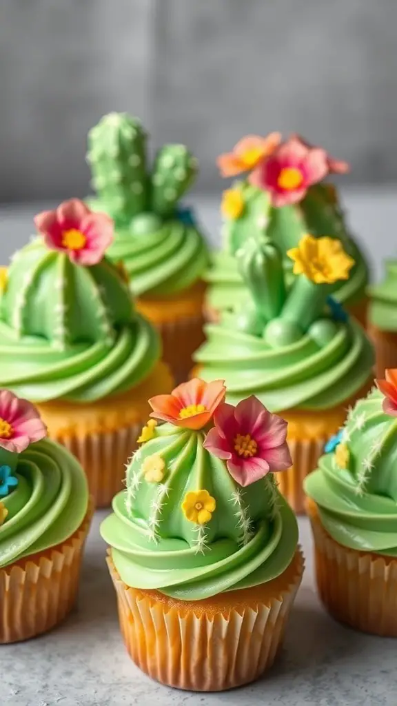 Colorful cactus flower cupcakes with green frosting and edible flowers on top.