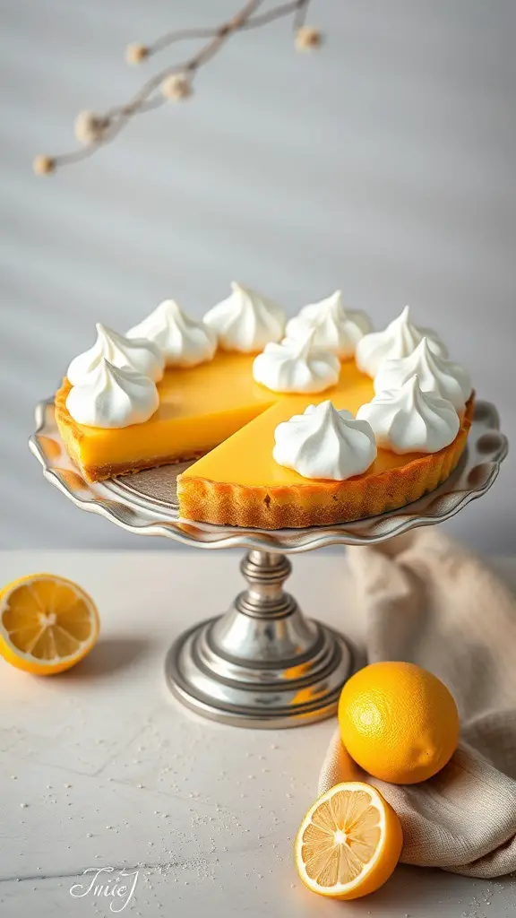 A Lemon Curd Tart with Meringue Topping on a silver stand, surrounded by fresh lemons.