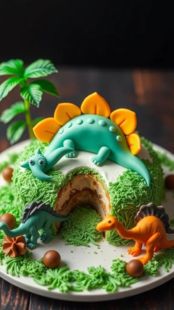 A colorful bento cake decorated with dinosaur figures and green frosting.
