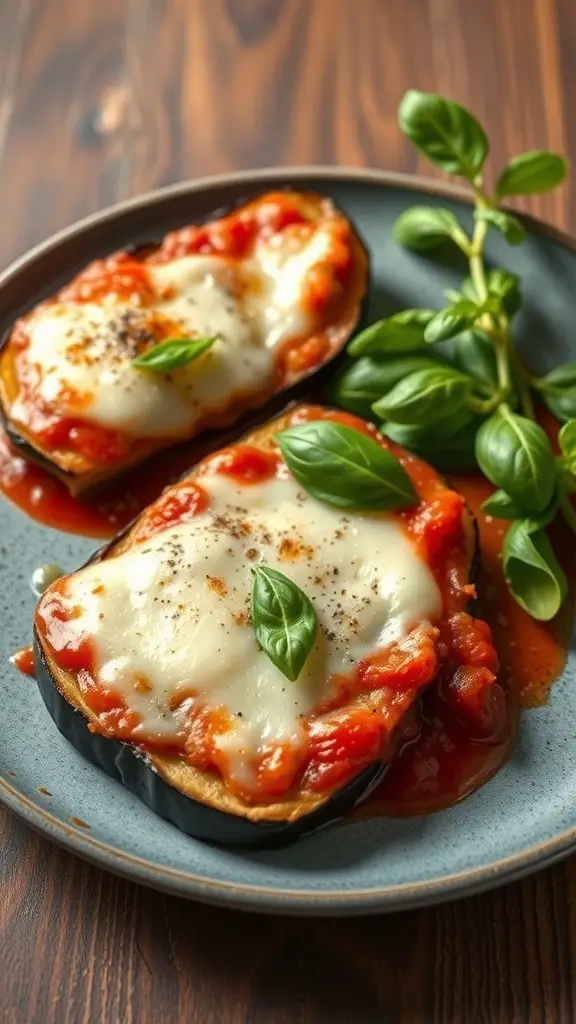 Baked Eggplant Parmesan with tomato sauce and fresh basil on a plate