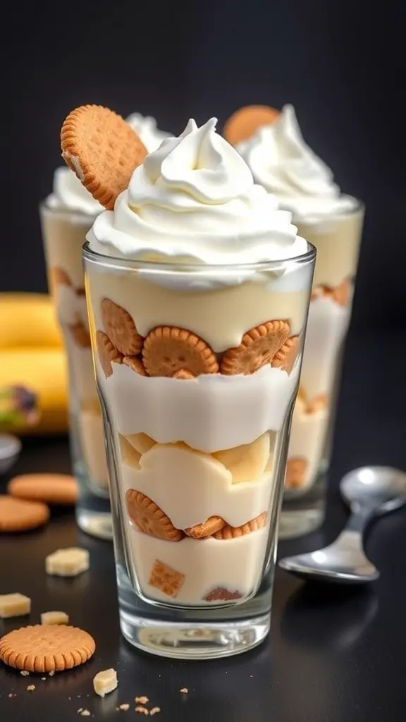 Three banana pudding parfaits in clear glasses, layered with banana slices, vanilla pudding, and cookies, topped with whipped cream.