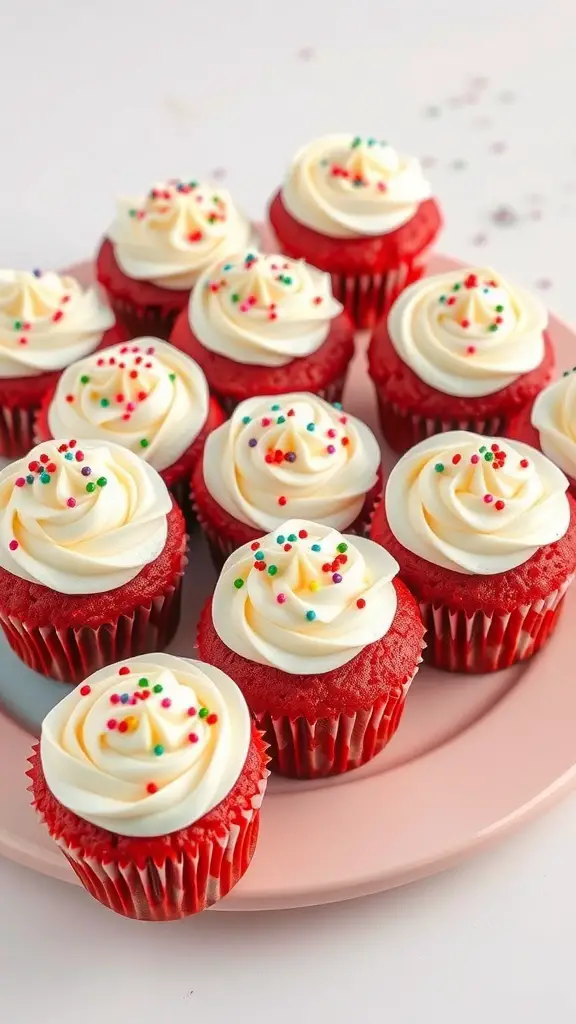 A plate of red velvet cupcakes with cream cheese frosting and colorful sprinkles
