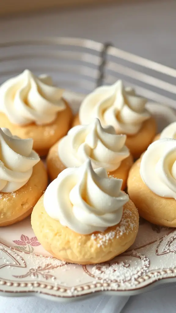 Italian cream puffs topped with whipped cream on a decorative plate
