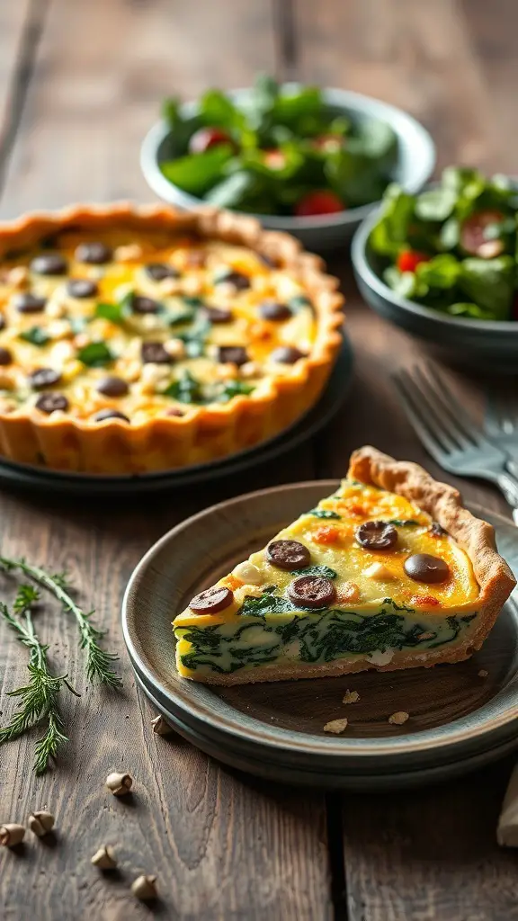 A slice of spinach and feta quiche on a plate, with a whole quiche and salads in the background.