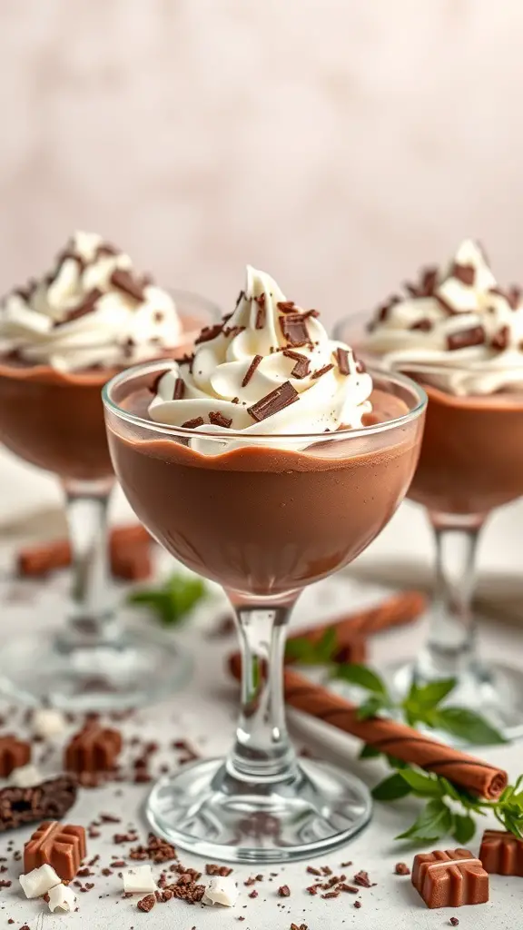 Three elegant glasses of chocolate mousse topped with whipped cream and chocolate shavings