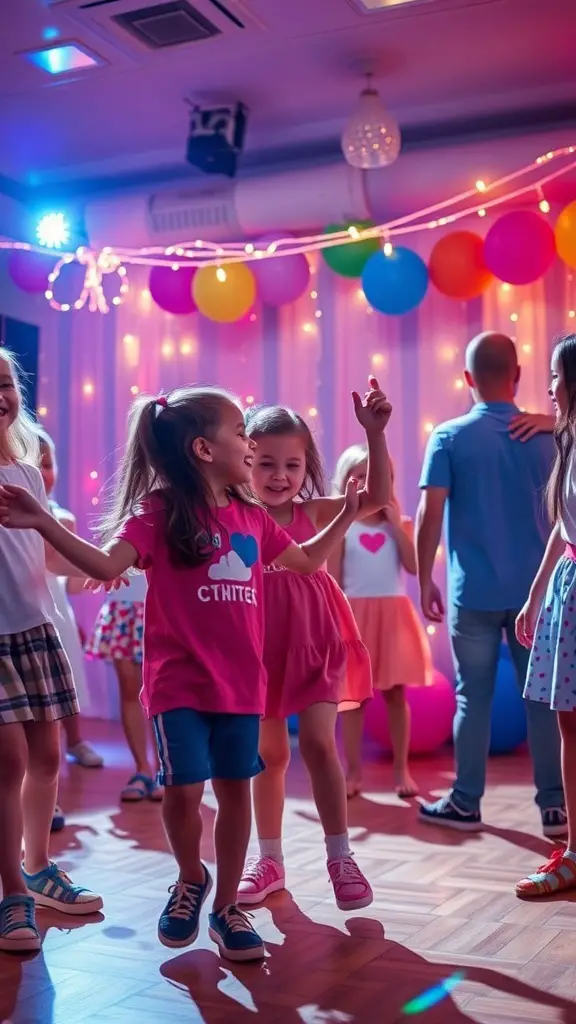 Children dancing at a Bluey-themed birthday party with colorful decorations.