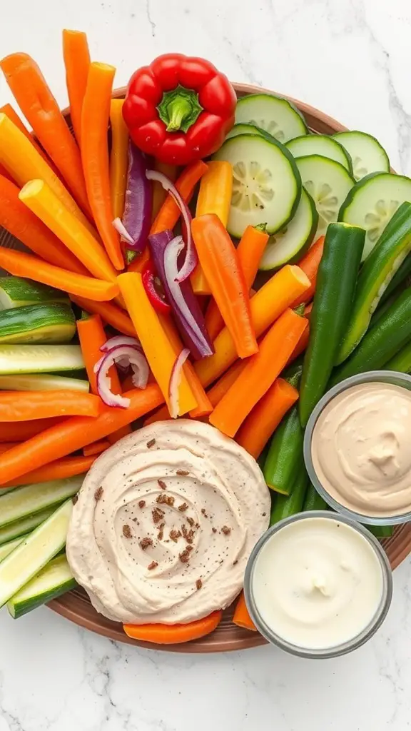 A colorful veggie platter featuring carrot sticks, cucumber slices, bell peppers, and dips.