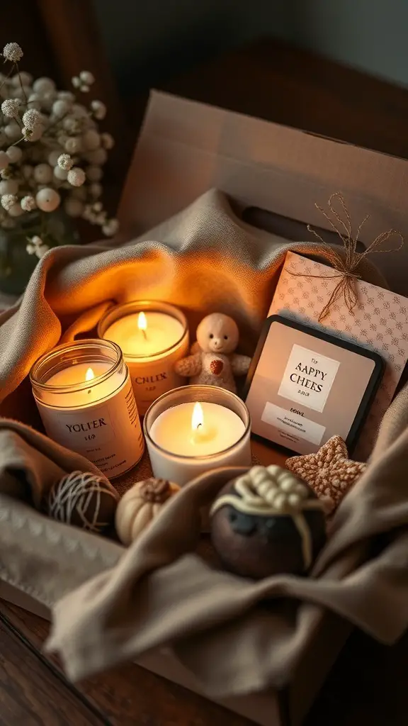 A cozy gift box with scented candles and sweet treats, creating a warm Valentine's gift idea.