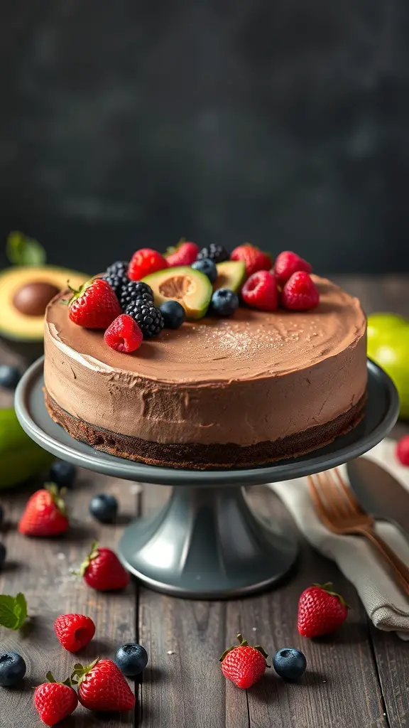 A rich avocado chocolate mousse cake topped with fresh berries, displayed on a cake stand.
