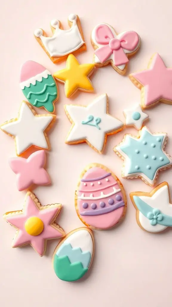 Colorful Easter-themed sugar cookies in various shapes and designs