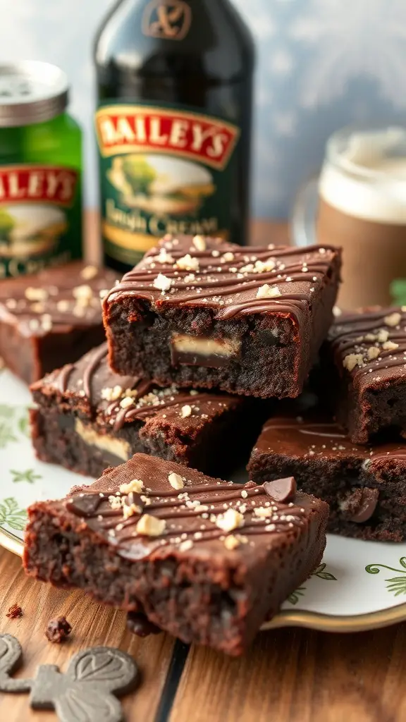 Delicious Bailey's Irish Cream brownies with chocolate drizzle and a bottle of Bailey's in the background.